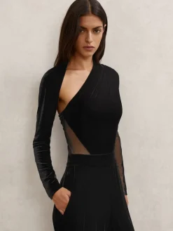 Reiss Black Karolina Velvet Sheer-Panel Wide-Leg Jumpsuit Outlet