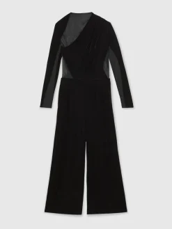 Reiss Black Karolina Velvet Sheer-Panel Wide-Leg Jumpsuit Outlet