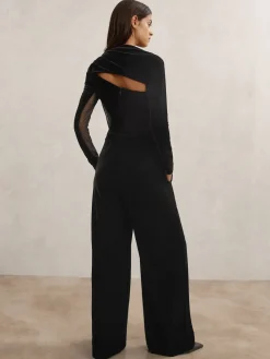 Reiss Black Karolina Velvet Sheer-Panel Wide-Leg Jumpsuit Outlet