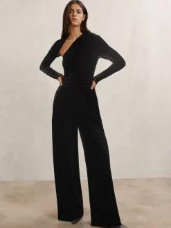 Reiss Black Karolina Velvet Sheer-Panel Wide-Leg Jumpsuit Outlet