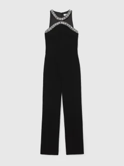 Reiss Black Simone Crystal-Embellished Cut-Out Jumpsuit Clearance