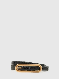 Reiss Chaya Suede Elongated-Buckle Skinny Belt Black Snakeskin New