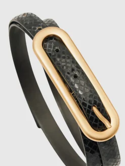 Reiss Chaya Suede Elongated-Buckle Skinny Belt Black Snakeskin New