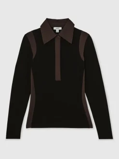 Reiss Black/Chocolate Brown Denise Jersey Colour-Block Collared Shirt Outlet