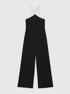 Reiss Black/Cream Cliona Colour-Block Halter Wide-Leg Jumpsuit Sale