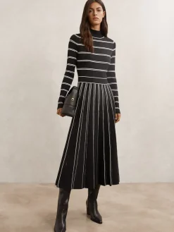 Reiss Black/Ivory Amber Stripe Pleated Knitted Midi Dress Best