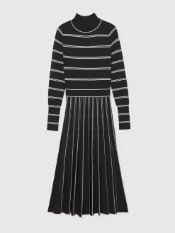 Reiss Black/Ivory Amber Stripe Pleated Knitted Midi Dress Best