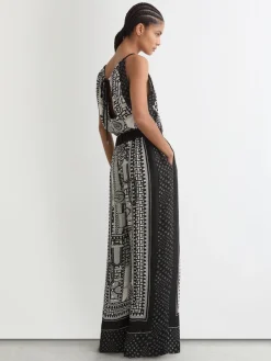 Reiss Black/Ivory Inara Scarf-Print Wide-Leg Jumpsuit