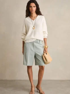 Reiss Blue Dalora Tailored Bermuda Shorts with Linen Hot