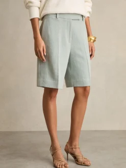 Reiss Blue Dalora Tailored Bermuda Shorts with Linen Hot