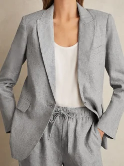 Reiss Blue Willow Linen-Blend Single-Breasted Blazer Discount