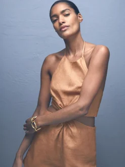 Reiss Brown Bay Linen Halterneck Cut Out Playsuit Discount