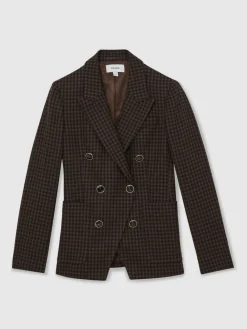 Reiss Brown Check Ayla Wool-Blend Double-Breasted Check Blazer Hot