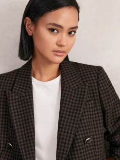 Reiss Brown Check Ayla Wool-Blend Double-Breasted Check Blazer Hot