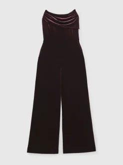Reiss Burgundy Andria Petite Velvet Drape Strapless Jumpsuit Discount
