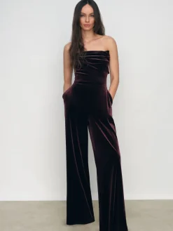 Reiss Burgundy Andria Velvet Drape Strapless Jumpsuit New
