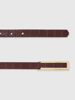 Reiss Bronya Leather Crocodile-Effect Belt Burgundy