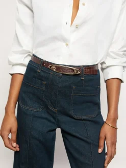 Reiss Evelina Leather Oval-Buckle Belt Burgundy Croc-Effect Online