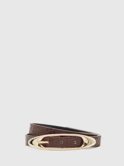 Reiss Evelina Leather Oval-Buckle Belt Burgundy Croc-Effect Online