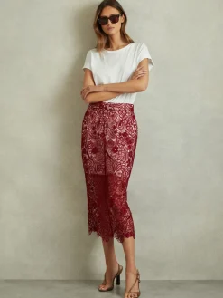 Reiss Burgundy Flo Sheer Lace Midi Pencil Skirt New