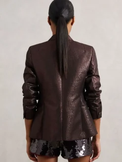 Reiss Sienna Double-Breasted Metallic Suit Blazer with Cotton Burgundy Discount