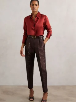 Reiss Sienna Tapered Metallic Suit Trousers with Cotton Burgundy Best