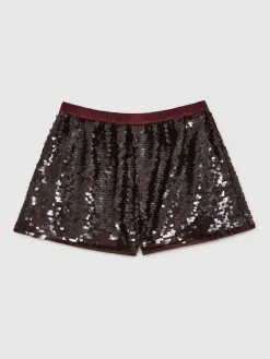 Reiss Burgundy Spence Sequin Shorts