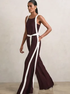 Reiss Salma Petite Colourblock Wide Leg Belted Jumpsuit Burgundy/Cream New