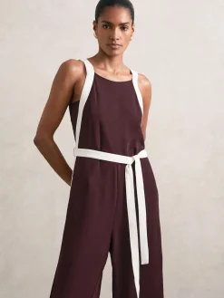 Reiss Salma Petite Colourblock Wide Leg Belted Jumpsuit Burgundy/Cream New