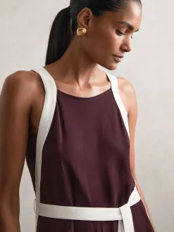 Reiss Salma Petite Colourblock Wide Leg Belted Jumpsuit Burgundy/Cream New