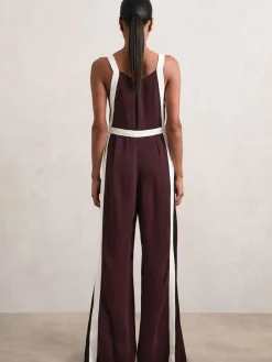 Reiss Salma Petite Colourblock Wide Leg Belted Jumpsuit Burgundy/Cream New