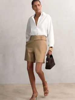 Reiss Camel Harper Cotton-Blend Belted Shorts With Linen Discount