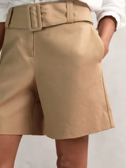 Reiss Camel Harper Cotton-Blend Belted Shorts With Linen Discount