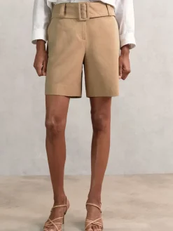 Reiss Camel Harper Cotton-Blend Belted Shorts With Linen Discount