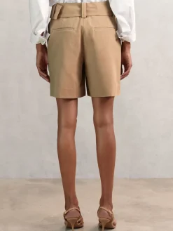 Reiss Camel Harper Cotton-Blend Belted Shorts With Linen Discount