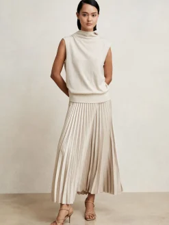 Reiss Seren Pleated Midi Skirt Champagne Neutral New