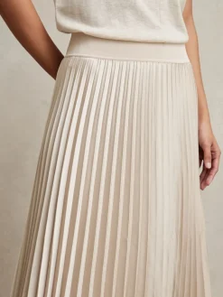 Reiss Seren Pleated Midi Skirt Champagne Neutral New