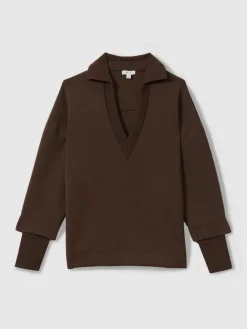 Reiss Chocolate Bernie Premium Interlock Open-Collar Sweatshirt Discount