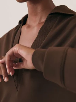 Reiss Chocolate Bernie Premium Interlock Open-Collar Sweatshirt Discount