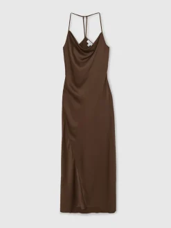 Reiss Chocolate Brown Maisley Satin Cowl-Neck Slip Dress