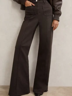 Reiss Chocolate Brown Sakura Petite Patch-Pocket Flared Jeans