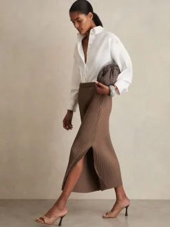 Reiss Pippa Pleated Jersey Midi Skirt Chocolate Outlet