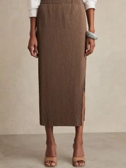 Reiss Pippa Pleated Jersey Midi Skirt Chocolate Outlet