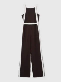 Reiss Salma Colourblock Wide Leg Belted Jumpsuit Chocolate/Cream
