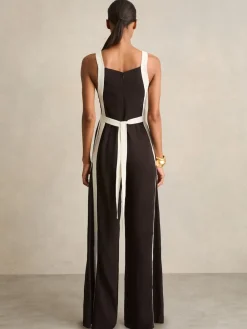 Reiss Salma Colourblock Wide Leg Belted Jumpsuit Chocolate/Cream