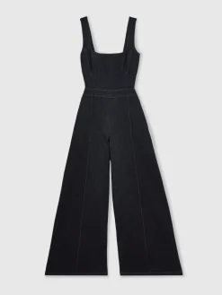 Reiss Dark Blue Dionna Wide-Leg Cut-Out Denim Jumpsuit Best