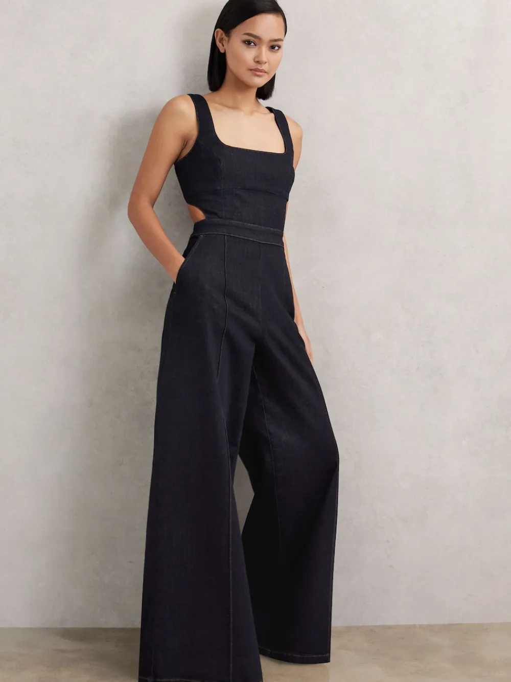 Reiss Dark Blue Dionna Wide-Leg Cut-Out Denim Jumpsuit Best