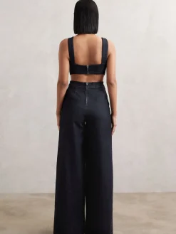Reiss Dark Blue Dionna Wide-Leg Cut-Out Denim Jumpsuit Best