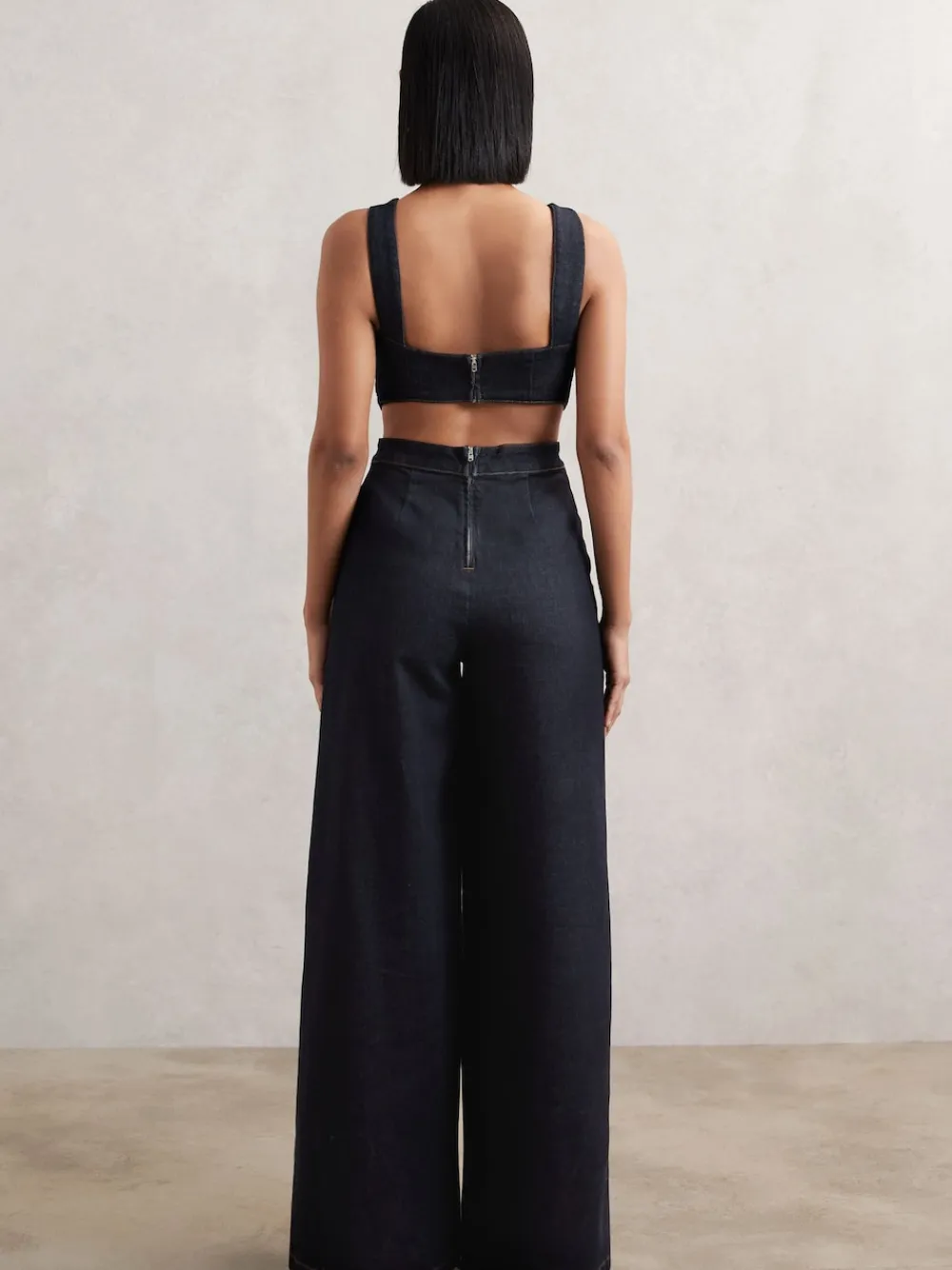 Reiss Dark Blue Dionna Wide-Leg Cut-Out Denim Jumpsuit Best