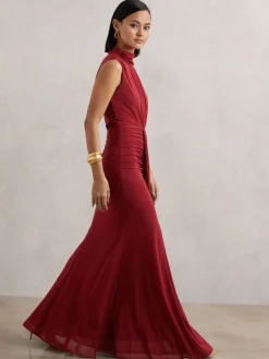 Reiss Daniella Ruched Sleeveless Maxi Dress Dark Red Discount